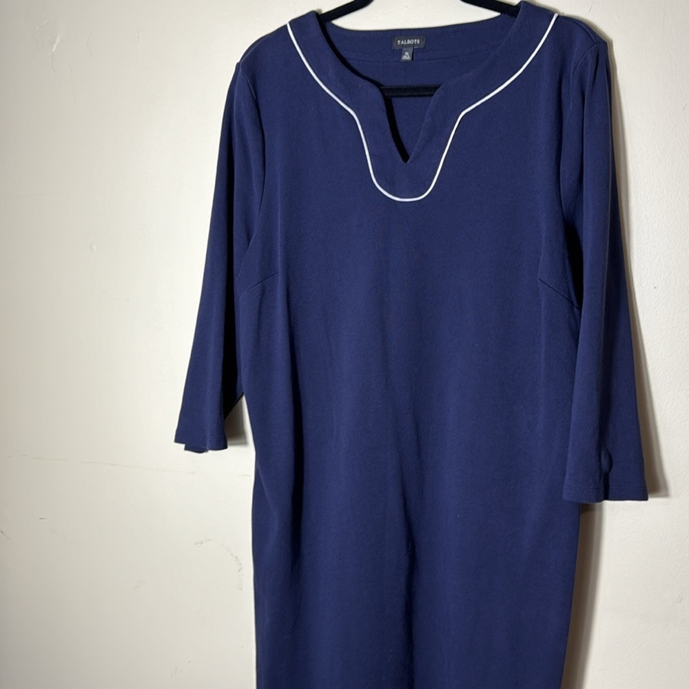 Talbots Dress XL Large Navy Blue Cream Trim Cotton 3/4 sleeves Casual Dress - Picture 6 of 8